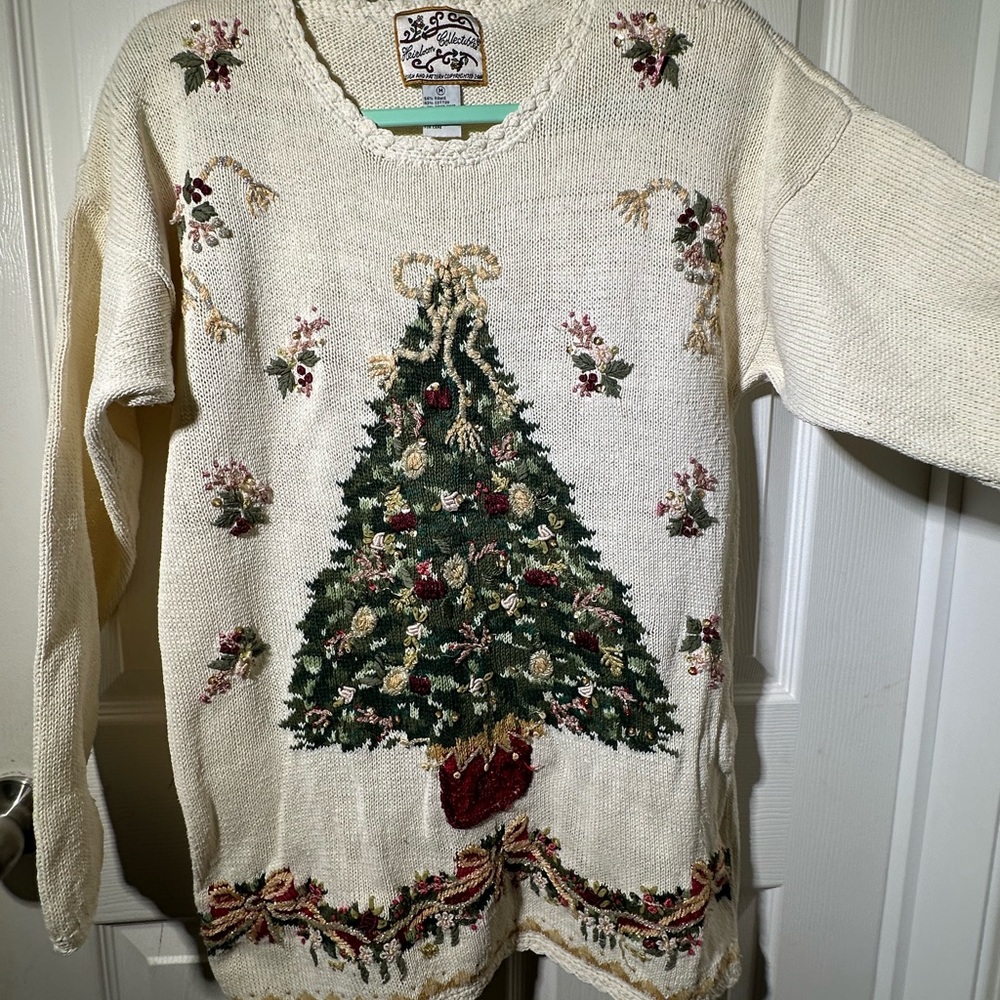 Size Medium—Vintage Christmas Tree Sweater - Cream